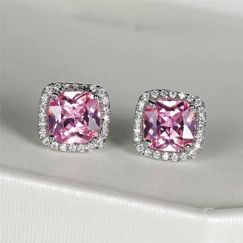 New Silver Square Zirconia Pink Diamond earrings - Picture 2 of 3